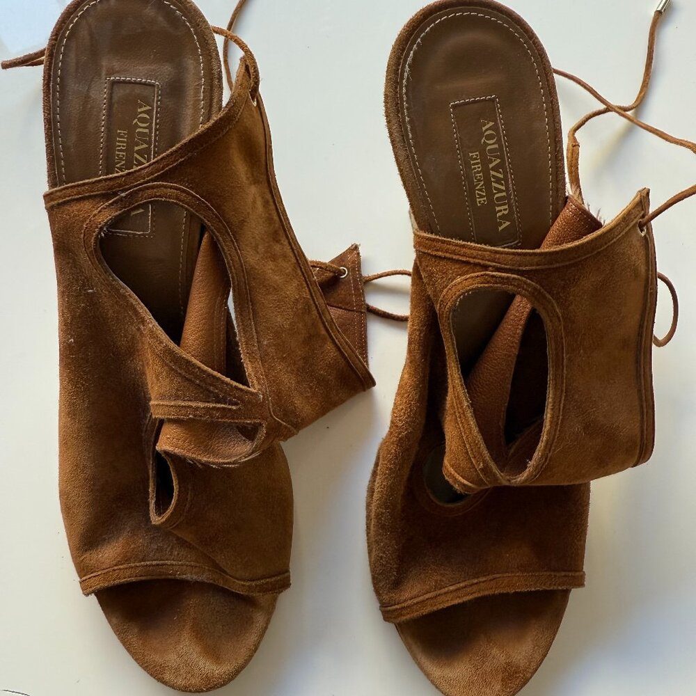 Aquazzura Suede Cognac Ankle Tie Wedge heels - Size: 38 Italy / 7.5-8 US